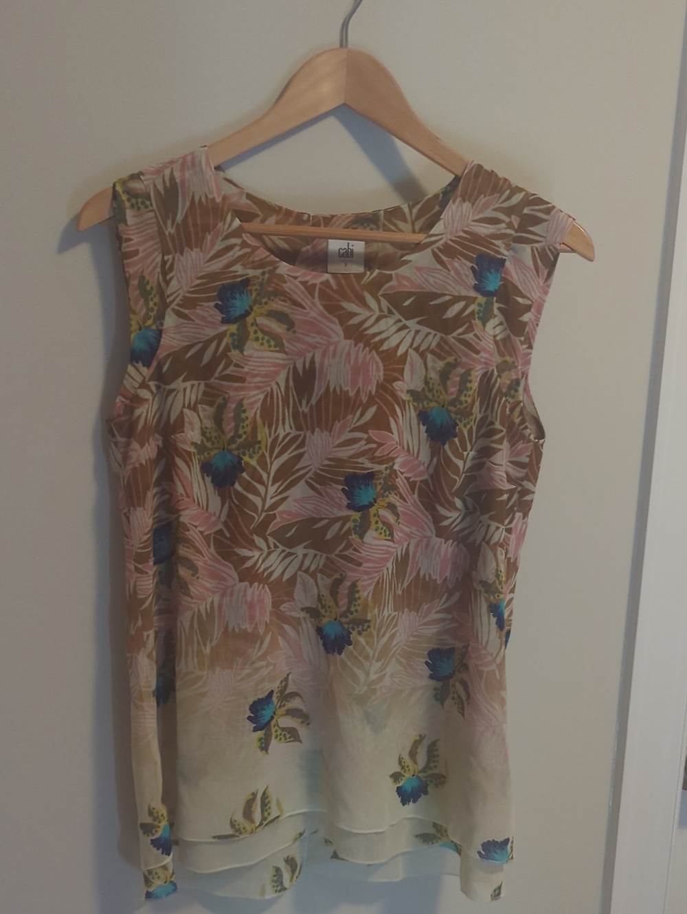 CAbi Tropical Floral Sleeveless Shell Top - Brown, Pink & Blue